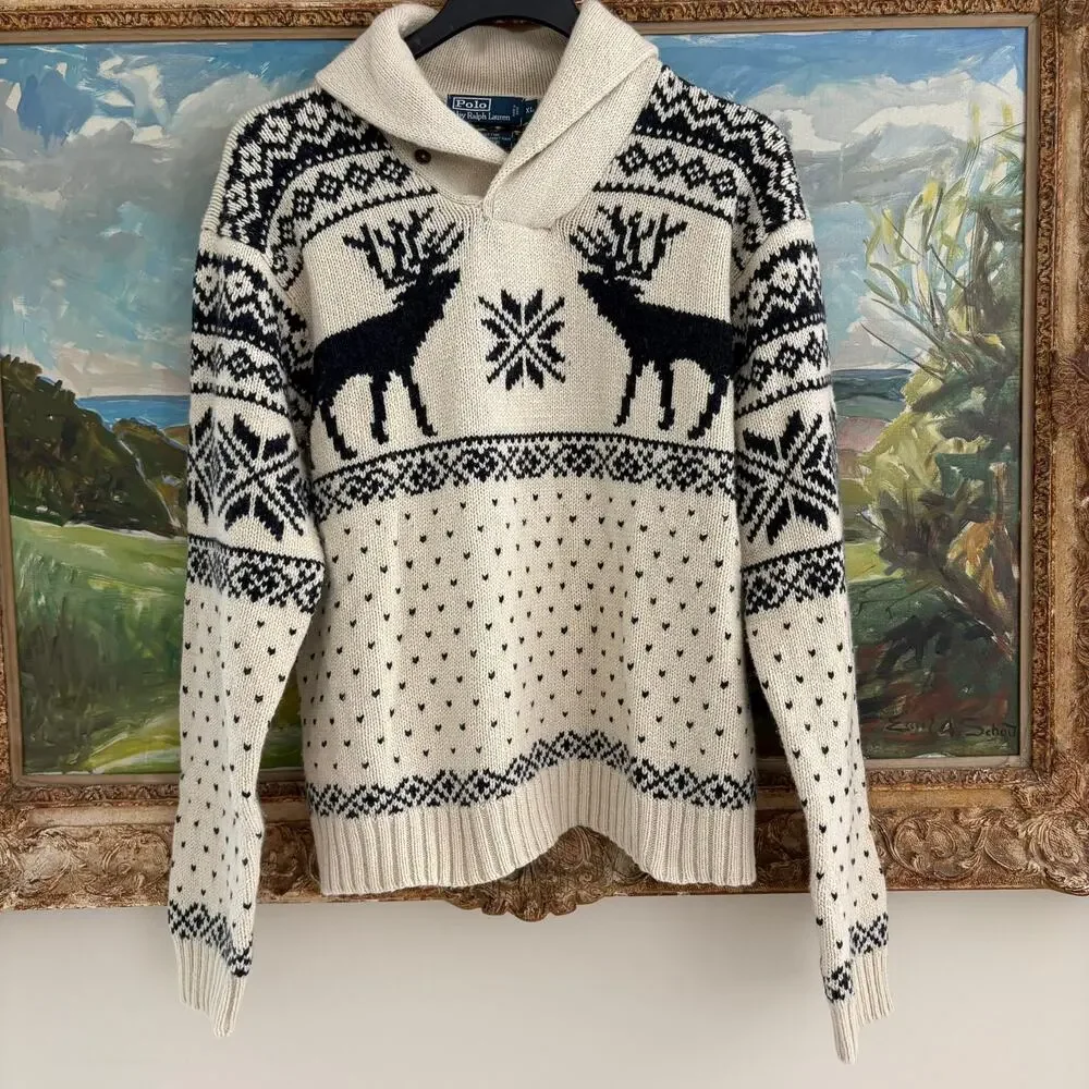 Vintage Polo Ralph Lauren Men’s Fair Isle Shawl Collar Sweater XL Wool - Picture 2 of 10